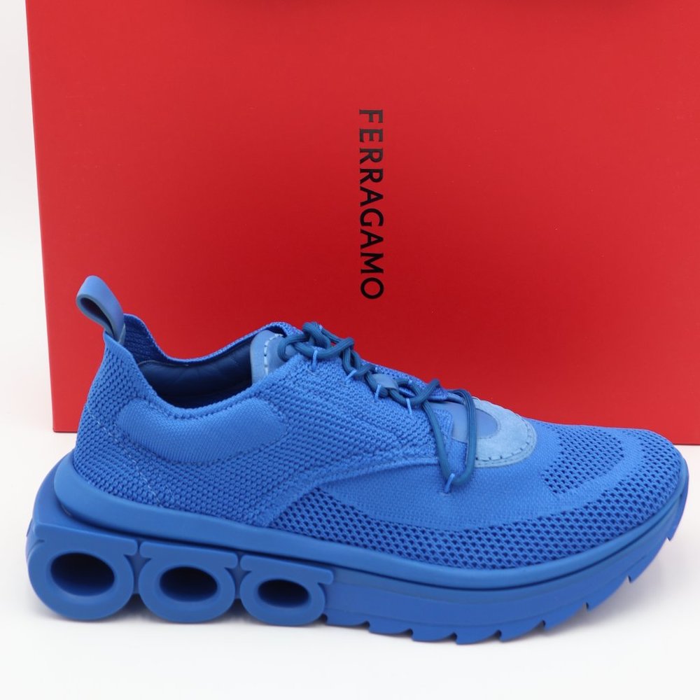 NIB Salvatore Ferragamo Mens Nima Blue Knit Lace-Up Runner Sneakers Shoes